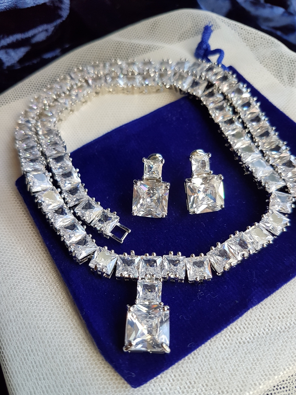 Swarovski Elements Princess-cut Tennis Necklace with Pendant & Earrings SET NEW